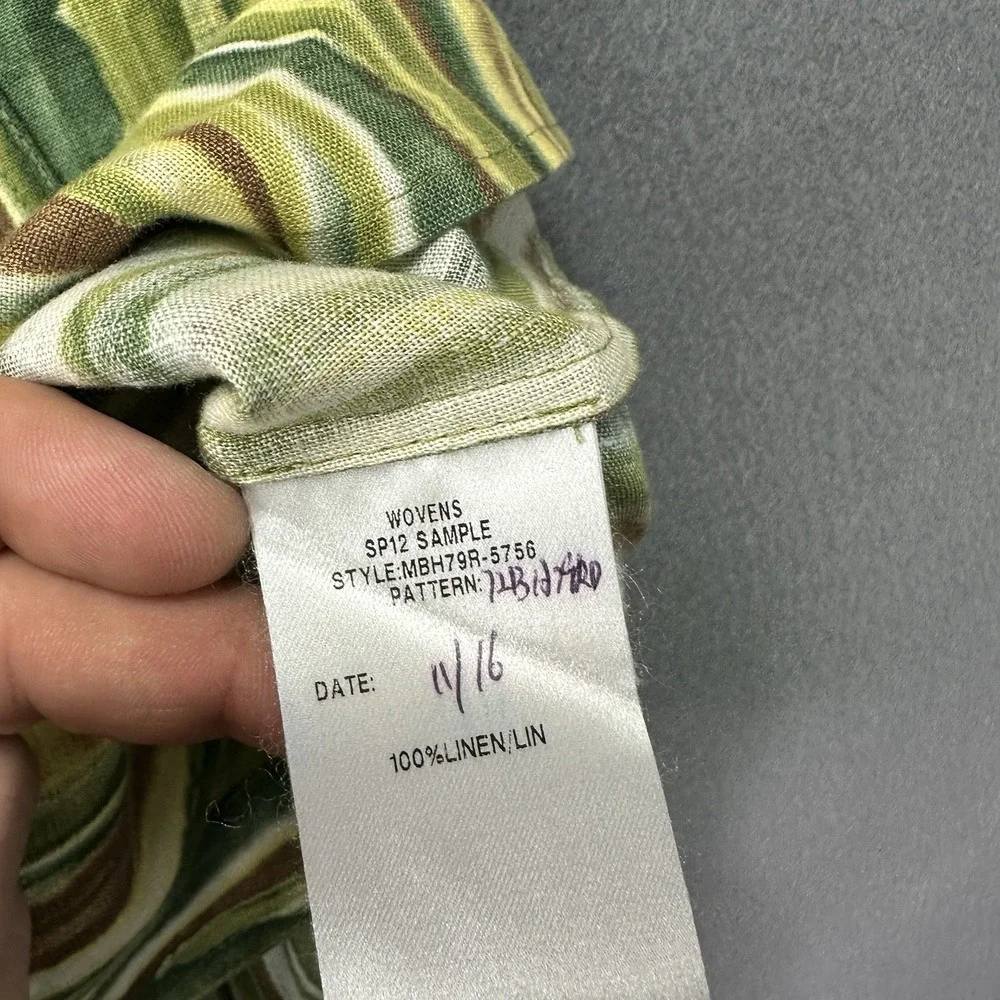Lafayette 148 Shirt Women 8 Green Brown Linen Stripe Button Up 3/4 Sleeve Pocket - Picture 4 of 8
